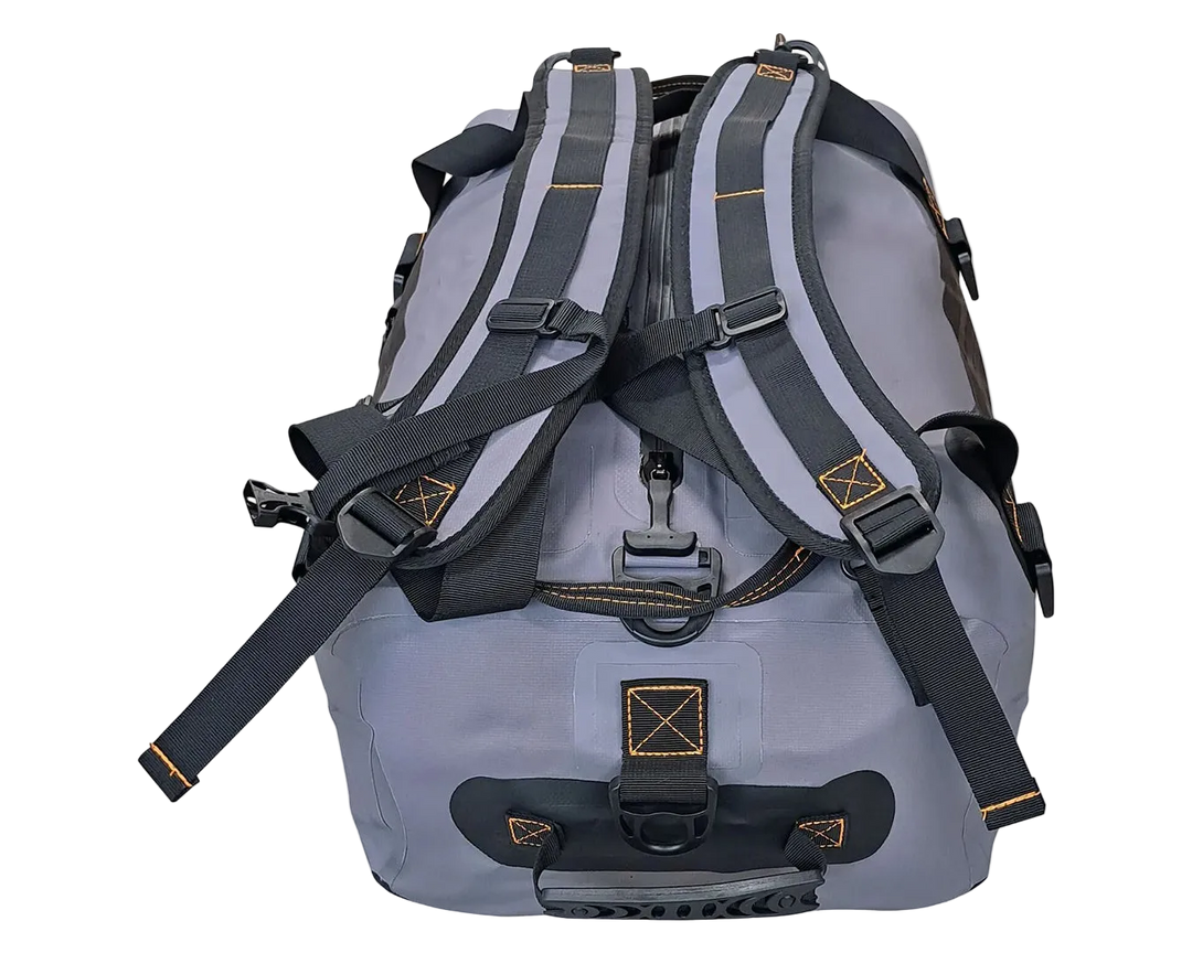 Gray backpack with black straps on a white background