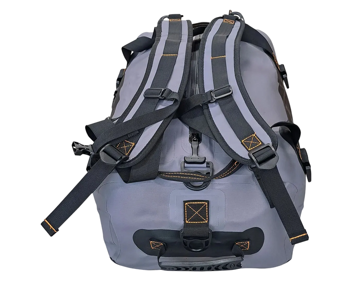 Gray backpack with black straps on a white background