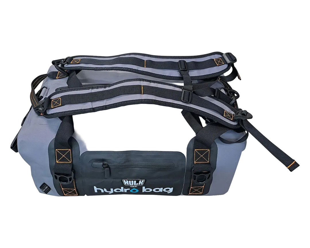 Gray hydro bag with black straps on a white background