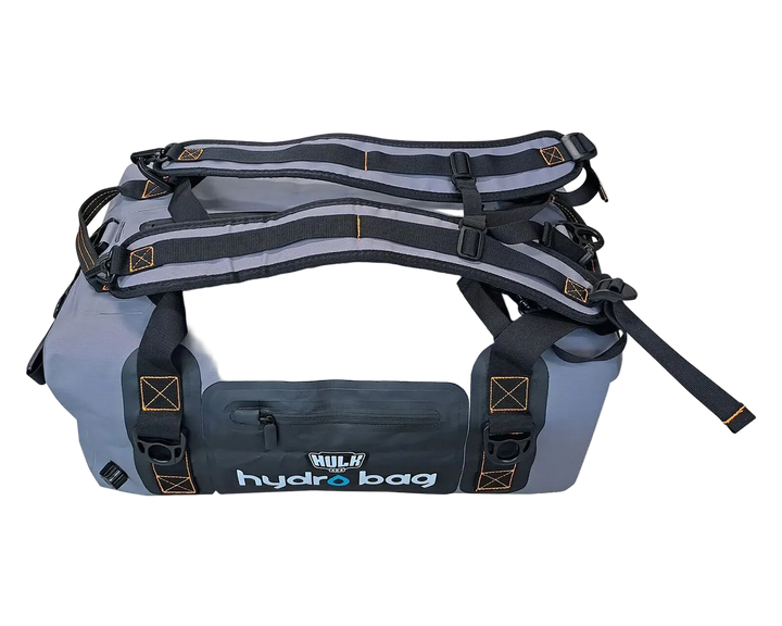 Gray hydro bag with black straps on a white background