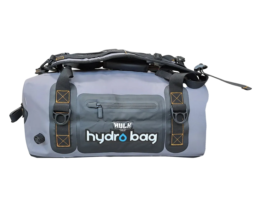 Gray hydro bag with black straps on a white background