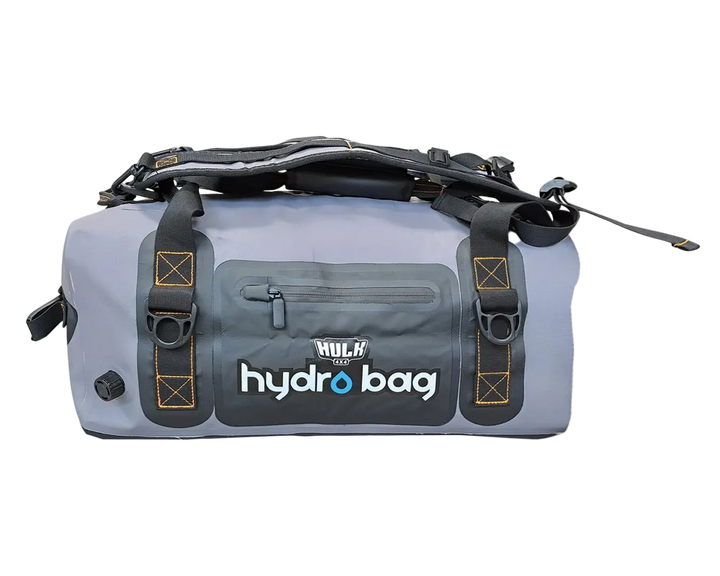 Gray hydro bag with black straps on a white background